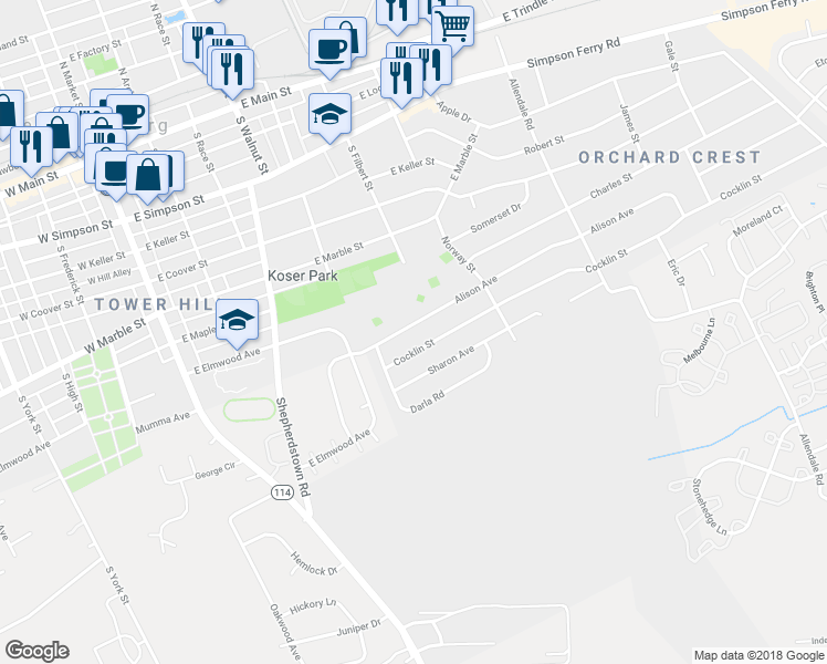 map of restaurants, bars, coffee shops, grocery stores, and more near 408 Alison Avenue in Mechanicsburg