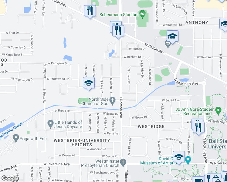 map of restaurants, bars, coffee shops, grocery stores, and more near 1704 North Alden Road in Muncie