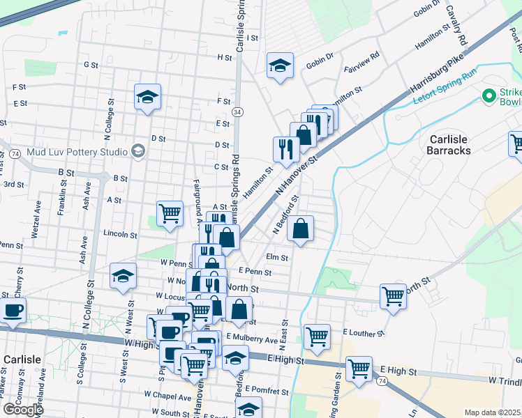 map of restaurants, bars, coffee shops, grocery stores, and more near 534 U.S. 11 in Carlisle
