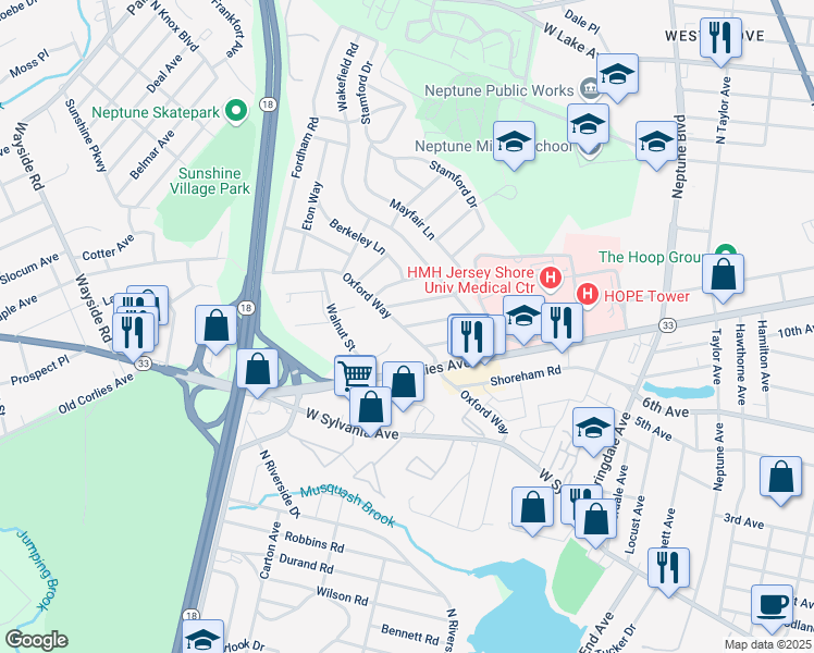 map of restaurants, bars, coffee shops, grocery stores, and more near 116 Fenchurch Way in Neptune City