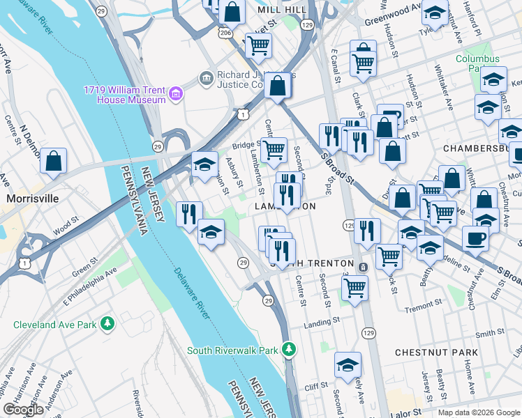map of restaurants, bars, coffee shops, grocery stores, and more near 616 Lamberton Street in Trenton