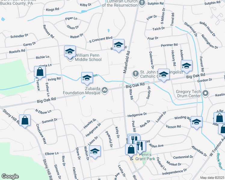 map of restaurants, bars, coffee shops, grocery stores, and more near 5 Williams Lane in Yardley