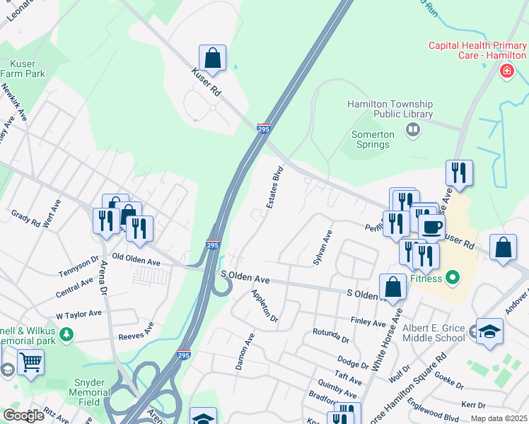 map of restaurants, bars, coffee shops, grocery stores, and more near 122 Estates Boulevard in Trenton