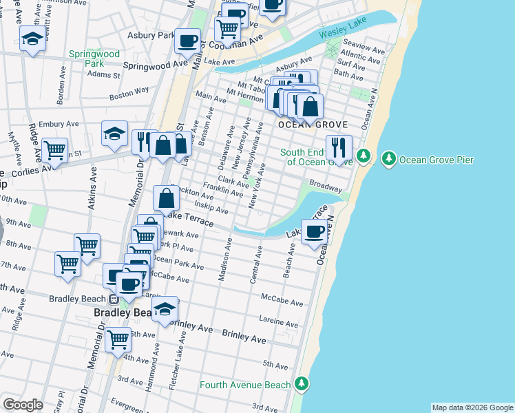 map of restaurants, bars, coffee shops, grocery stores, and more near 70 Stockton Avenue in Neptune Township