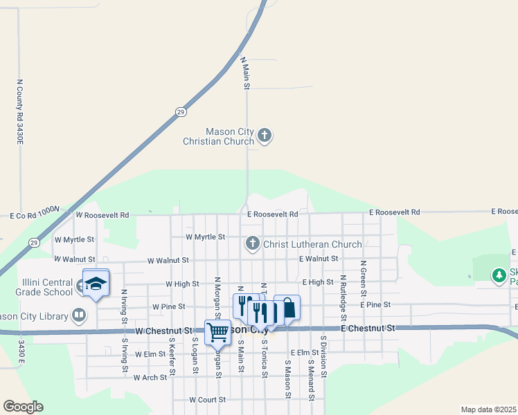 map of restaurants, bars, coffee shops, grocery stores, and more near 115-199 East County Road 1000N in Mason City