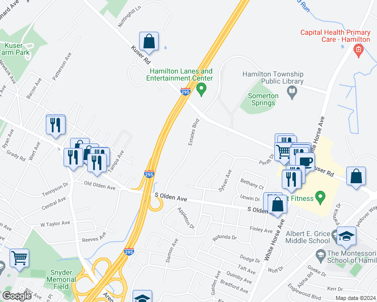 map of restaurants, bars, coffee shops, grocery stores, and more near 156 Estates Blvd in Hamilton Township