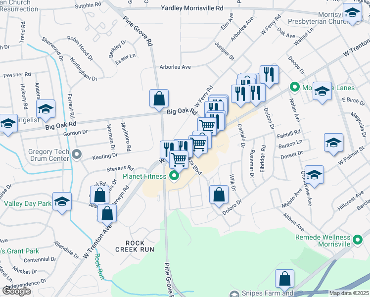 map of restaurants, bars, coffee shops, grocery stores, and more near West Trenton Avenue in Morrisville