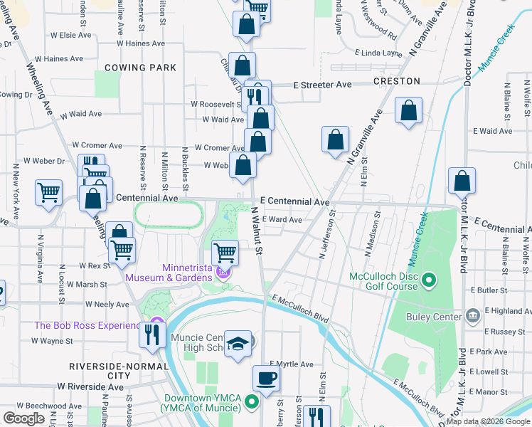map of restaurants, bars, coffee shops, grocery stores, and more near 106 East Davidson Street in Muncie