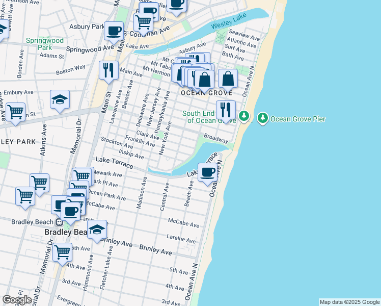 map of restaurants, bars, coffee shops, grocery stores, and more near 123 Central Avenue in Monmouth County