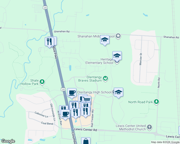 map of restaurants, bars, coffee shops, grocery stores, and more near 460 Redwood Lane in Lewis Center