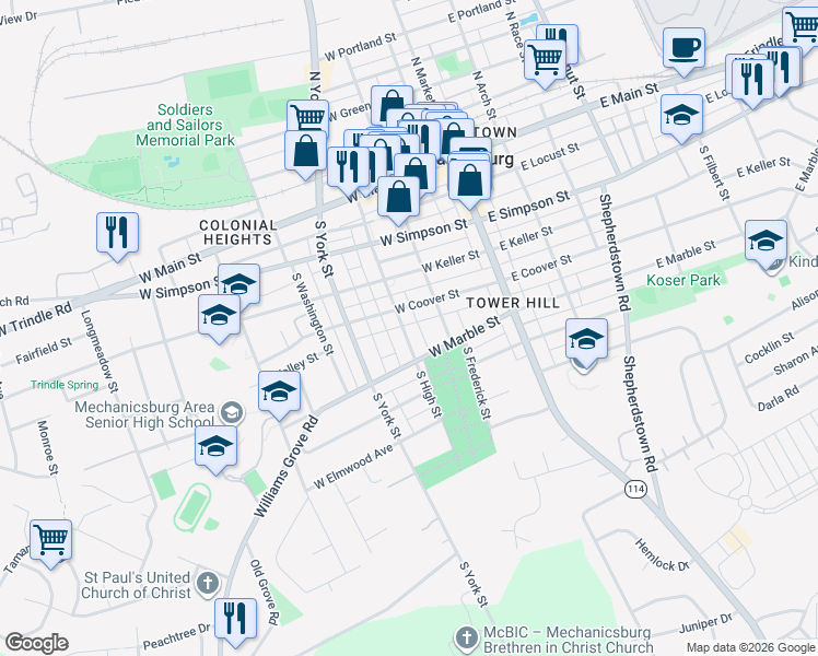 map of restaurants, bars, coffee shops, grocery stores, and more near 428 South High Street in Mechanicsburg