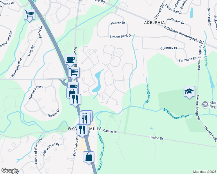 map of restaurants, bars, coffee shops, grocery stores, and more near Shottery Road in Freehold