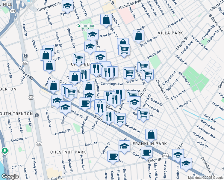 map of restaurants, bars, coffee shops, grocery stores, and more near 676 Division Street in Trenton