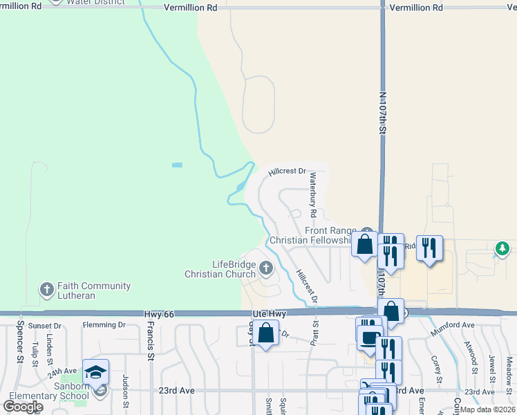 map of restaurants, bars, coffee shops, grocery stores, and more near 12839 Hillcrest Drive in Longmont