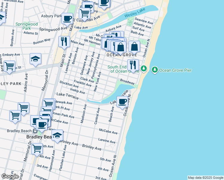 map of restaurants, bars, coffee shops, grocery stores, and more near 123 Central Avenue in Monmouth County