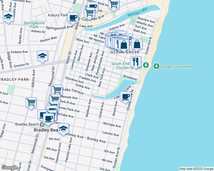 map of restaurants, bars, coffee shops, grocery stores, and more near 123 Central Avenue in Monmouth County