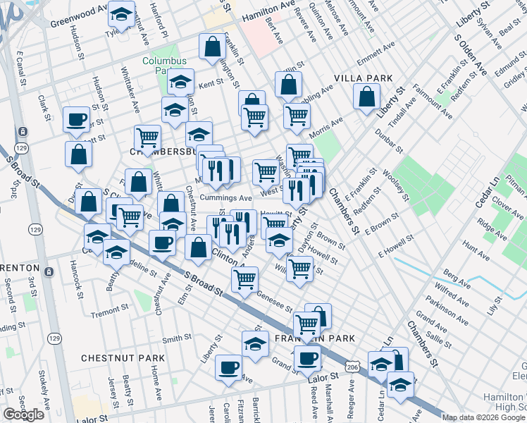 map of restaurants, bars, coffee shops, grocery stores, and more near 354 Rusling Street in Trenton