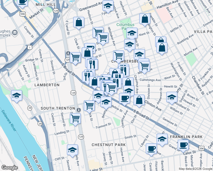 map of restaurants, bars, coffee shops, grocery stores, and more near 323 Genesee Street in Trenton