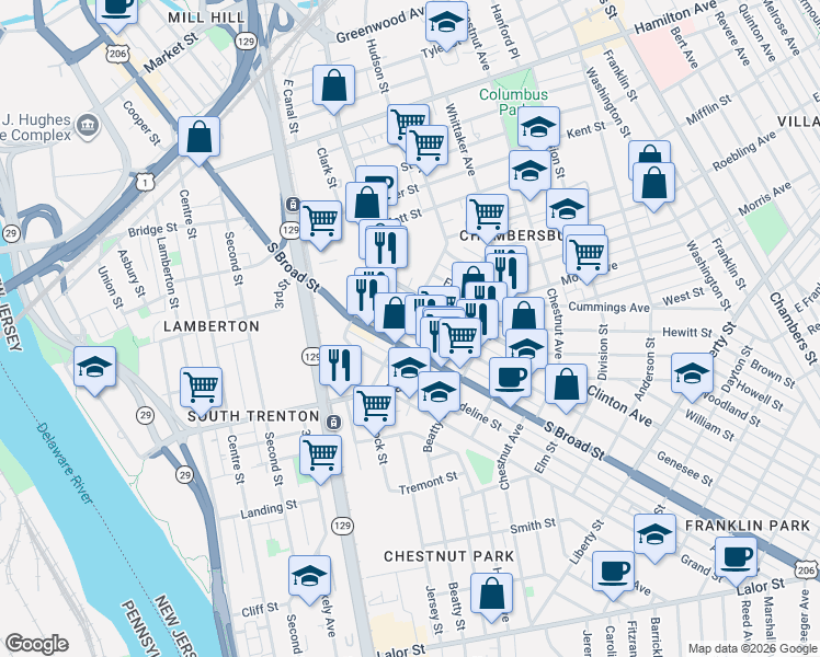 map of restaurants, bars, coffee shops, grocery stores, and more near 826 South Broad Street in Trenton