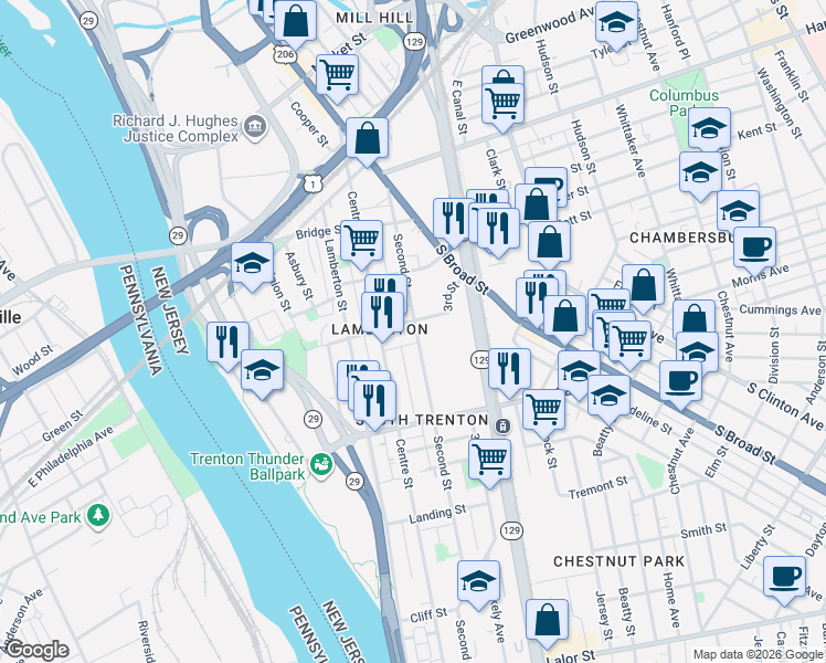 map of restaurants, bars, coffee shops, grocery stores, and more near 422 Centre Street in Trenton