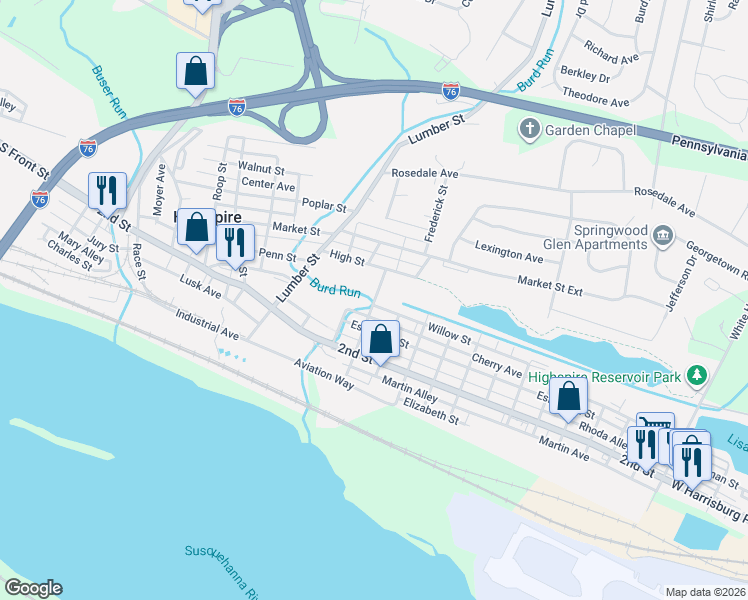 map of restaurants, bars, coffee shops, grocery stores, and more near 412 Eshelman Street in Highspire