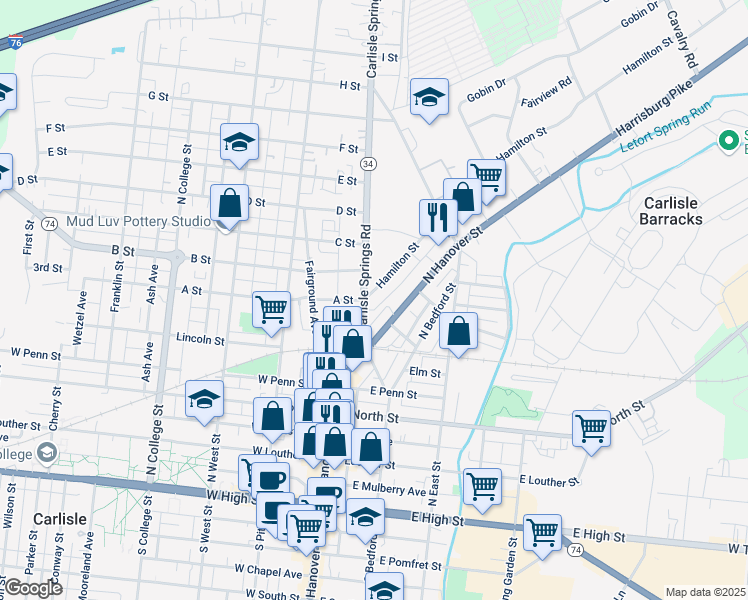 map of restaurants, bars, coffee shops, grocery stores, and more near 35 Carlisle Springs Road in Carlisle