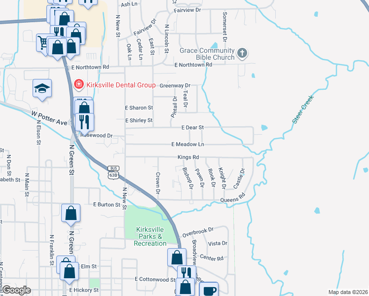 map of restaurants, bars, coffee shops, grocery stores, and more near 1100-1204 Kings Road in Kirksville