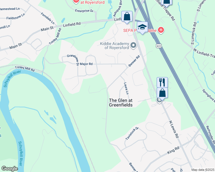 map of restaurants, bars, coffee shops, grocery stores, and more near 157 Benner Road in Royersford