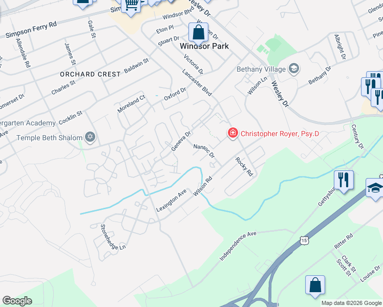 map of restaurants, bars, coffee shops, grocery stores, and more near 1055 Nanroc Drive in Mechanicsburg