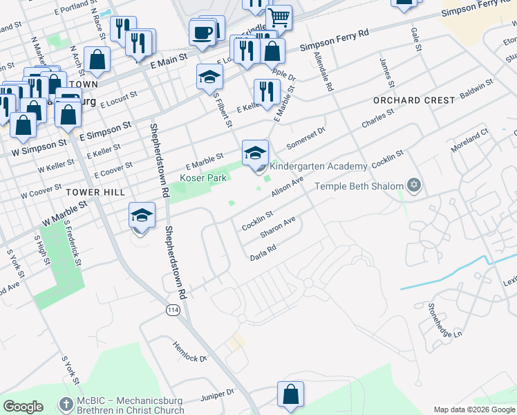 map of restaurants, bars, coffee shops, grocery stores, and more near 410 Cocklin Street in Mechanicsburg