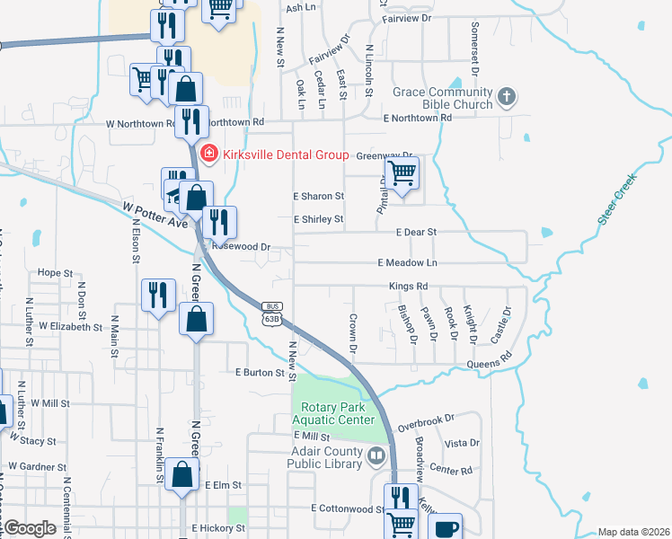map of restaurants, bars, coffee shops, grocery stores, and more near 792-908 Kings Rd in Kirksville