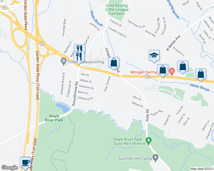 map of restaurants, bars, coffee shops, grocery stores, and more near 198 Willow Drive in Neptune City