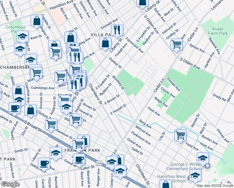 map of restaurants, bars, coffee shops, grocery stores, and more near 624 East Brown Street in Trenton