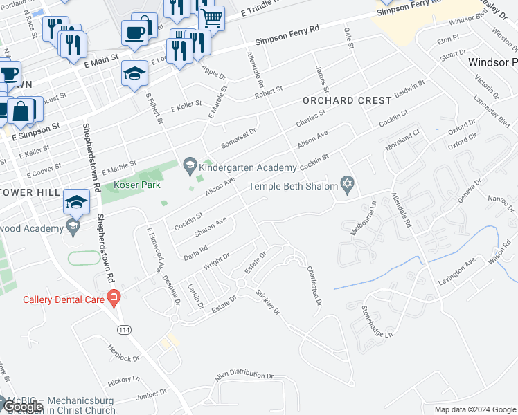 map of restaurants, bars, coffee shops, grocery stores, and more near 602 Sharon Avenue in Mechanicsburg