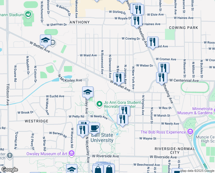 map of restaurants, bars, coffee shops, grocery stores, and more near 1699 West Bethel Avenue in Muncie