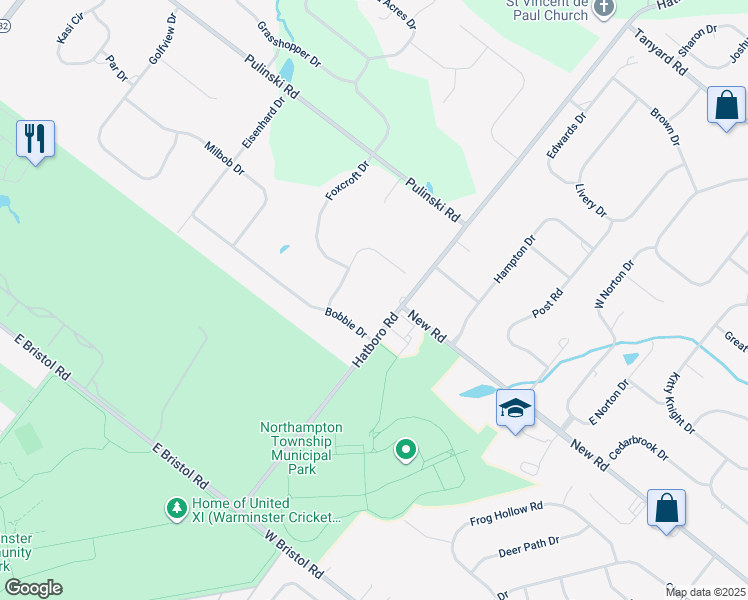 map of restaurants, bars, coffee shops, grocery stores, and more near 290 Hatboro Road in Ivyland