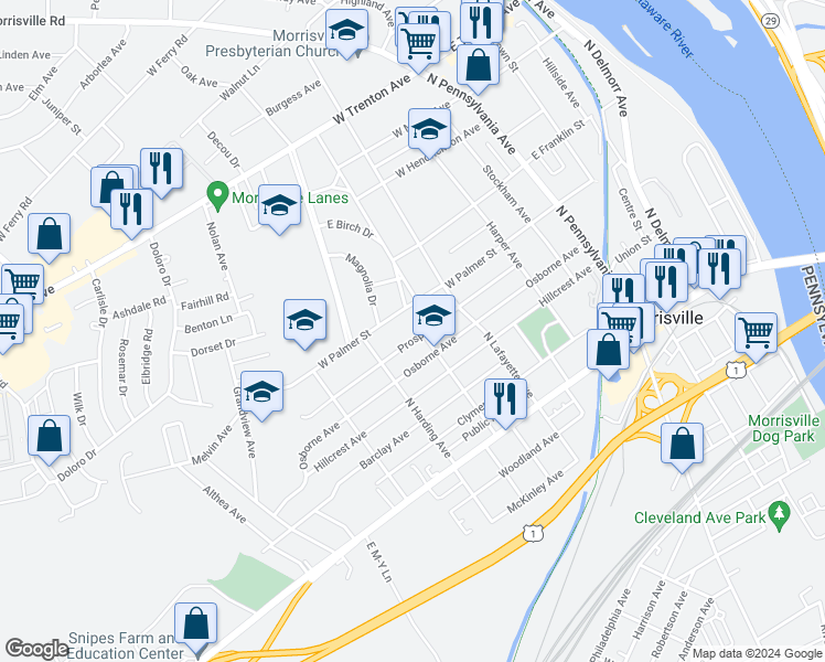 map of restaurants, bars, coffee shops, grocery stores, and more near 400 Prospect Avenue in Morrisville