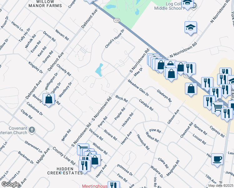 map of restaurants, bars, coffee shops, grocery stores, and more near 345 South Norristown Road in Warminster