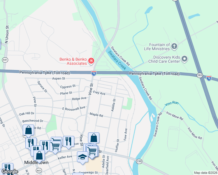 map of restaurants, bars, coffee shops, grocery stores, and more near 512 Frey Avenue in Middletown