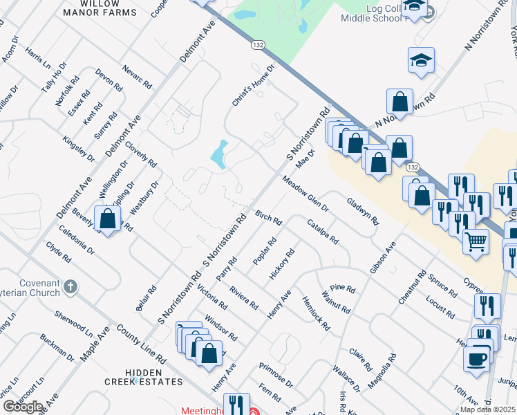 map of restaurants, bars, coffee shops, grocery stores, and more near 345 South Norristown Road in Warminster