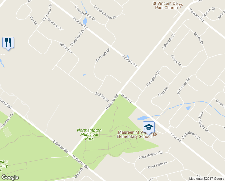 map of restaurants, bars, coffee shops, grocery stores, and more near 290 Hatboro Road in Ivyland