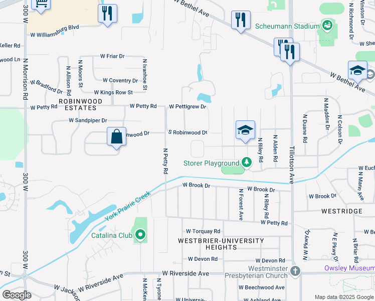 map of restaurants, bars, coffee shops, grocery stores, and more near 3701 West Robinwood Drive in Muncie