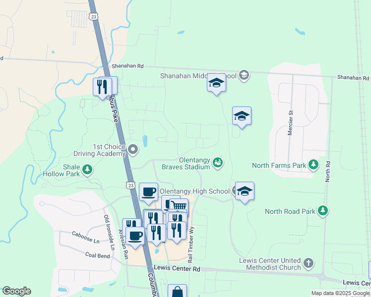 map of restaurants, bars, coffee shops, grocery stores, and more near 467 Redwood Lane in Lewis Center