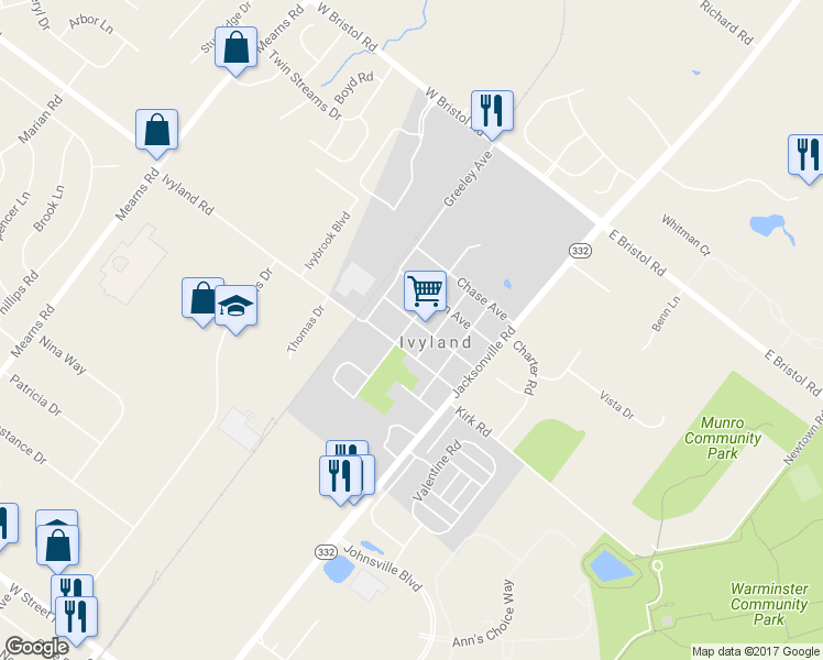 map of restaurants, bars, coffee shops, grocery stores, and more near 84 Gough Avenue in Ivyland