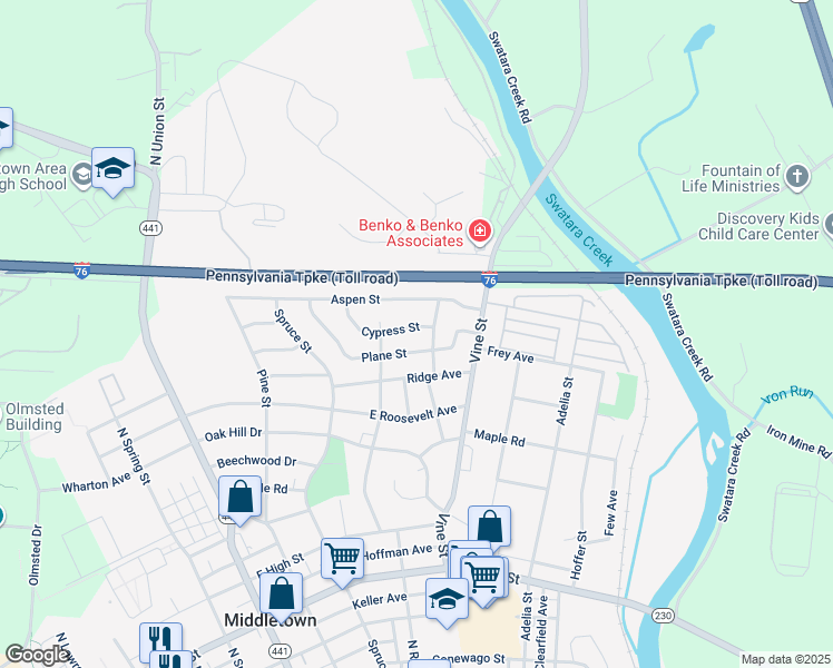map of restaurants, bars, coffee shops, grocery stores, and more near 374 Cypress Street in Middletown