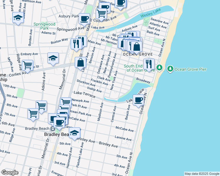 map of restaurants, bars, coffee shops, grocery stores, and more near 81 Stockton Avenue in Neptune Township