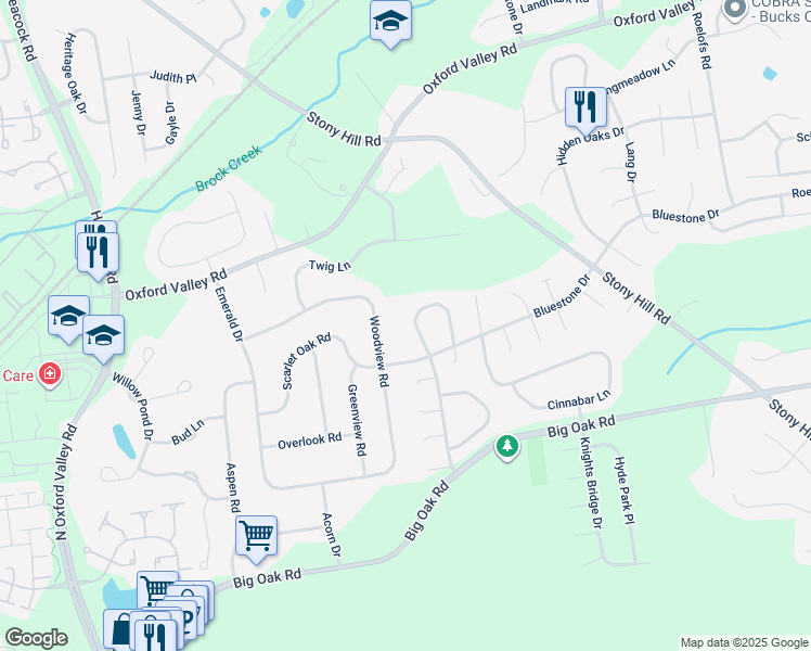 map of restaurants, bars, coffee shops, grocery stores, and more near 332 Tall Meadow Lane in Yardley
