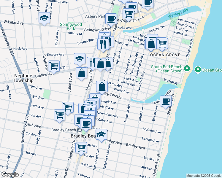 map of restaurants, bars, coffee shops, grocery stores, and more near 139 Stockton Avenue in Neptune Township