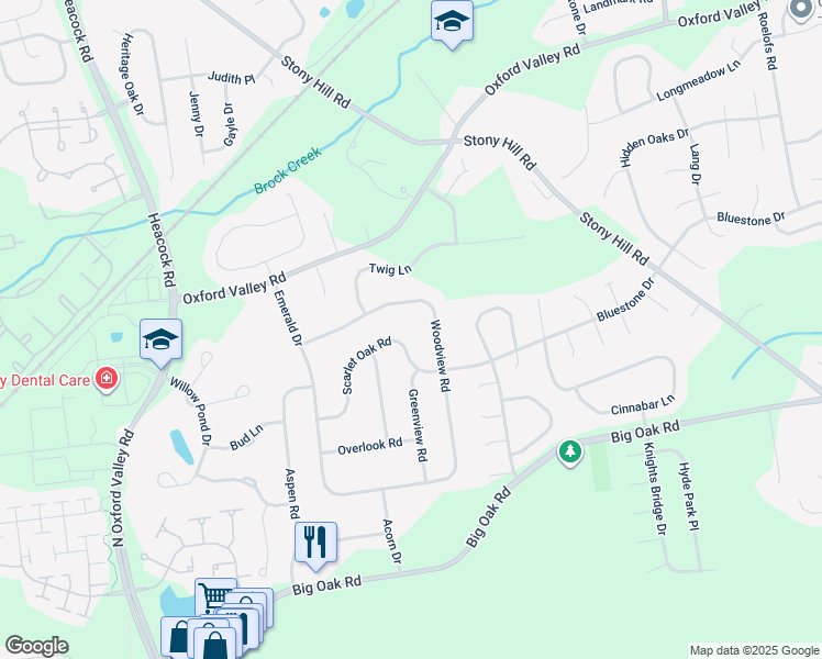 map of restaurants, bars, coffee shops, grocery stores, and more near 1436 Scarlet Oak Road in Yardley