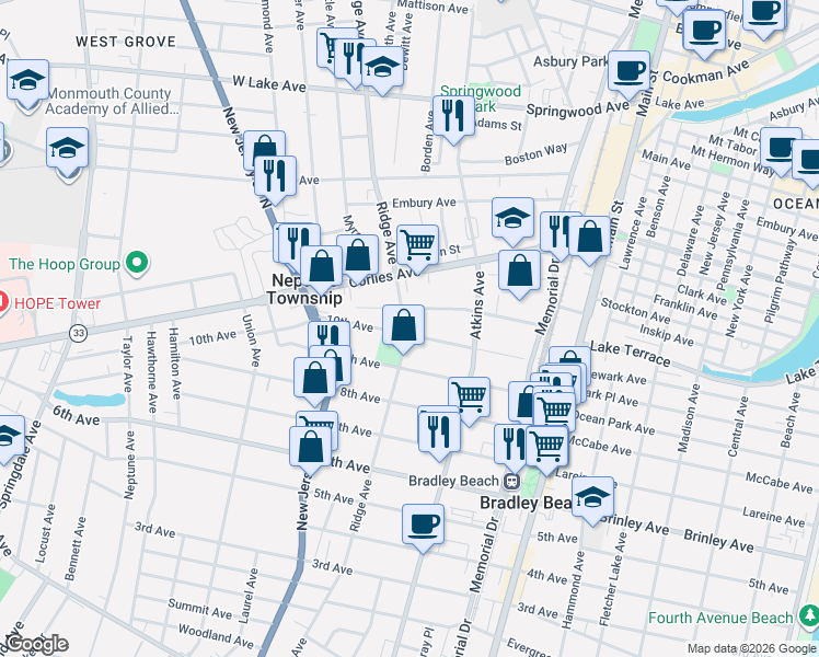 map of restaurants, bars, coffee shops, grocery stores, and more near 109 Ridge Avenue in Neptune City
